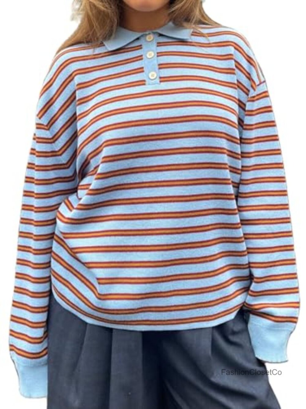 Oversized Striped Long Sleeve Polo Shirt Preppy Streetwear Pullover